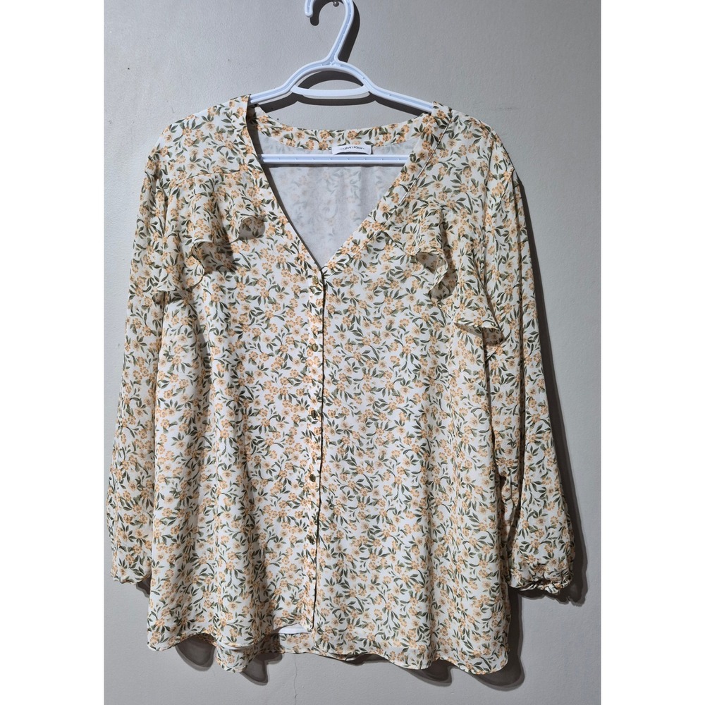 Calvin Klein Floral Ruffle V-Neck Button Down Blouse Yellow Green White WOBAZ690